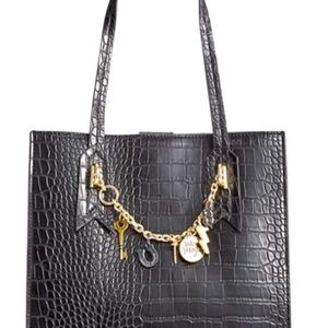Betsey Johnson Black Croc-Embossed Tote with Gold Accents